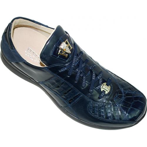 Fennix Italy  3074 Navy Blue Genuine Alligator/Hornback Crocodile/Suede/Nappa Leather Sneakers With Swarovski Crystals Alligator Head